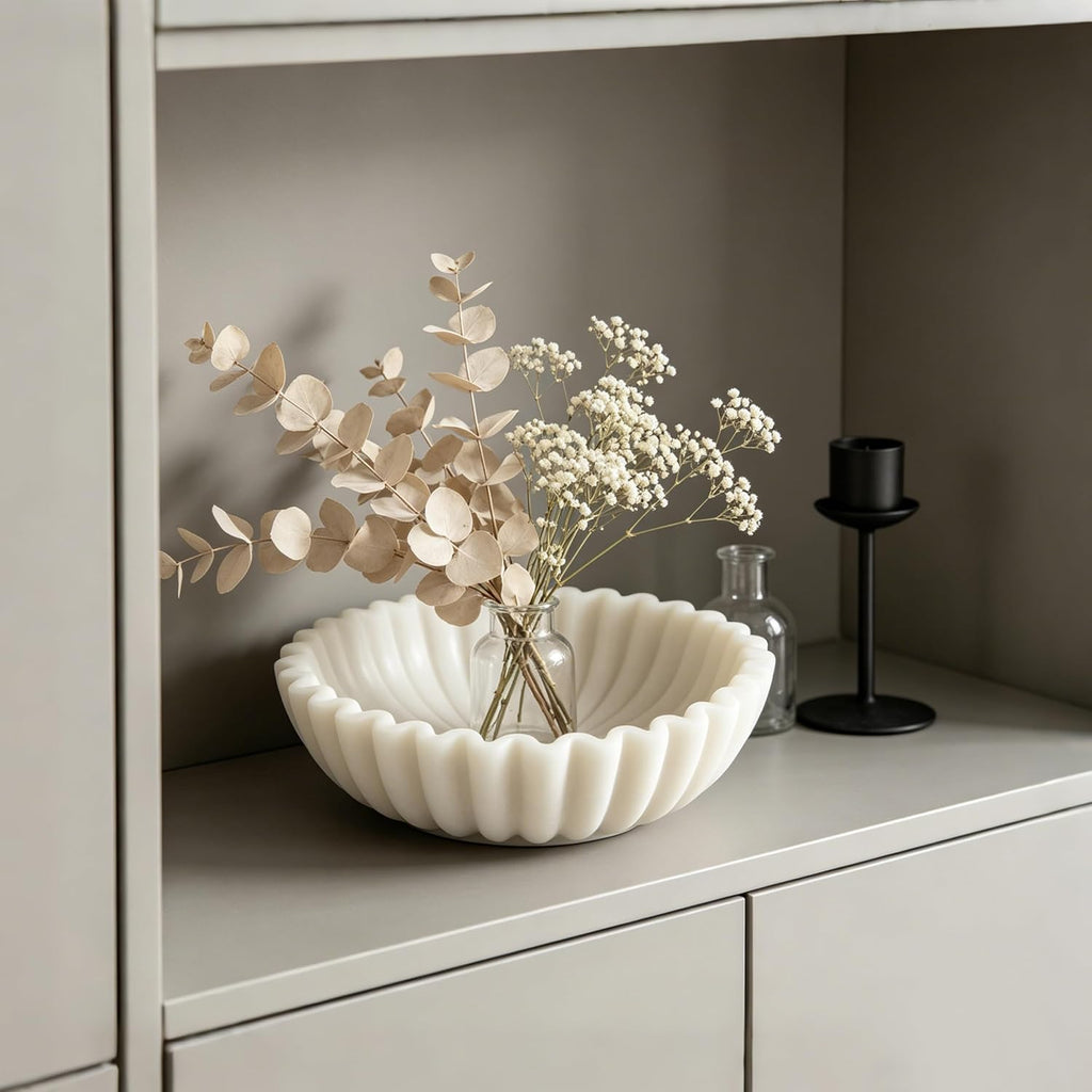 White Maeble Style Decorative Bowl, Entryway Console Centerpiece | Coffee Table Mantel Bookshelf Decor, 10" Scalloped