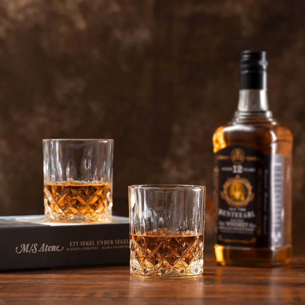Whiskey Rocks Glass, Set of 4 (2 Crystal Bourbon Glasses, 2 Round Big Ice Ball Molds) In Gift Box - 10 Oz Old