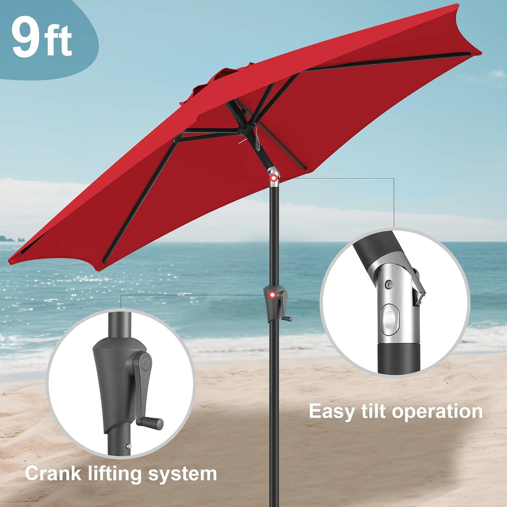 9ft Patio Umbrella Outdoor - Table Umbrella with Push Button Tilt and Crank, UV Protection, 6 Sturdy Ribs