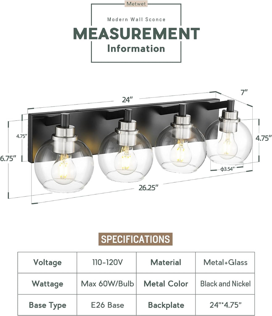 4-Light Black and Nickel Bathroom Vanity Light, Clear Glass Globes | Ideal for 30-40" mirrors, 26" modern bathroom