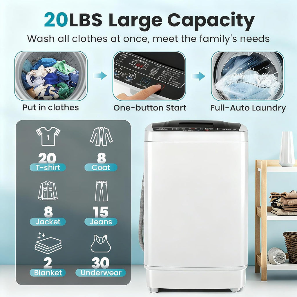 2.8 Cu.ft Portable Washing Machine, 20 lbs Capacity Full Automatic Washing Machine with 10 Wash Programs, LED Display