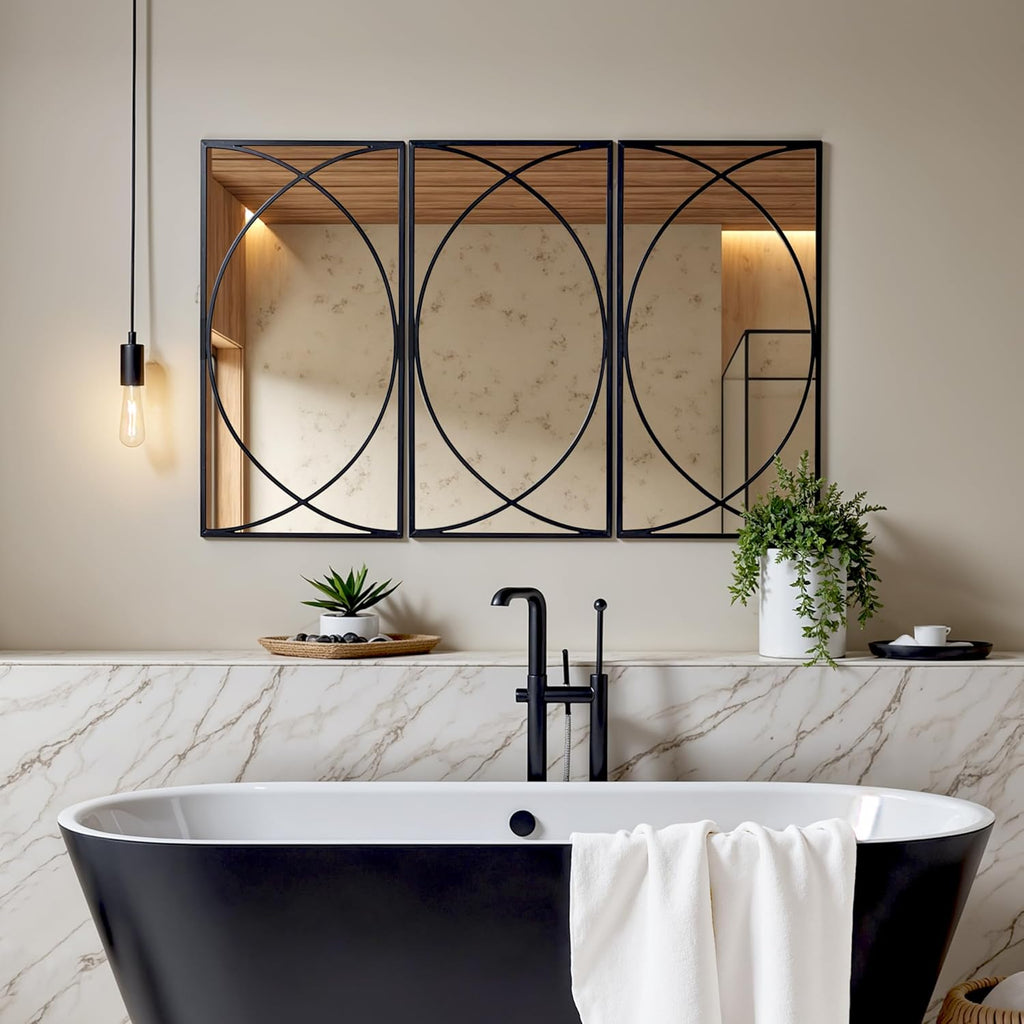 LuxenHome 3 Pieces Black Metal Rectangular Wall Mirror Set Large Vanity Mirror , Black Accent Metal Entryway Wall