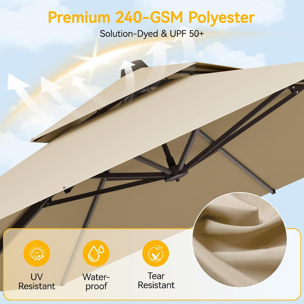 9x12 FT Patio Cantilever Umbrella with Base, Rectangular Heavy Duty Offset Umbrella for 6-8 People - Beige - 6D1G