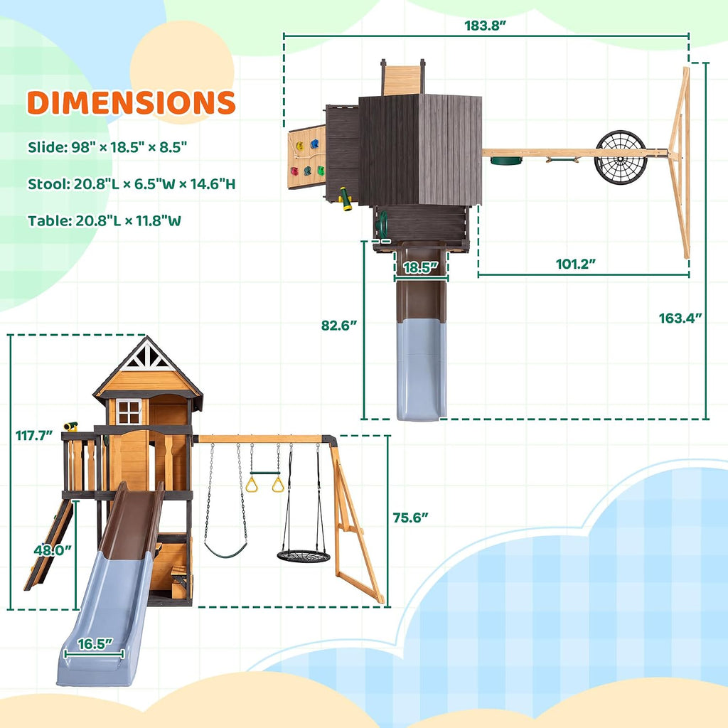 Kids Playground Wooden Swing Set Garden Lawn Play House, Natural | Solid Pine, Kids' Playground, ASTM Safety Norms