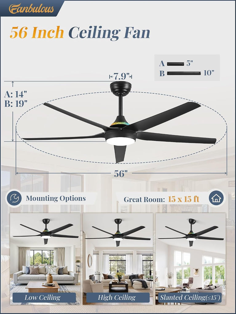 56'' Smart Ceiling Fans with RGB Lights, Modern Ceiling Fan with Alexa/App/Remote Control, Dimmable LED Light