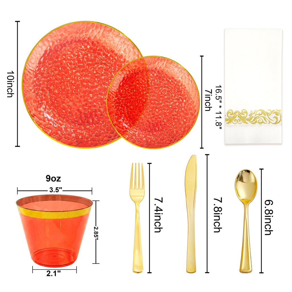 175 Pcs Red Gold Plastic Dinnerware Set (25 Guests) for Christmas