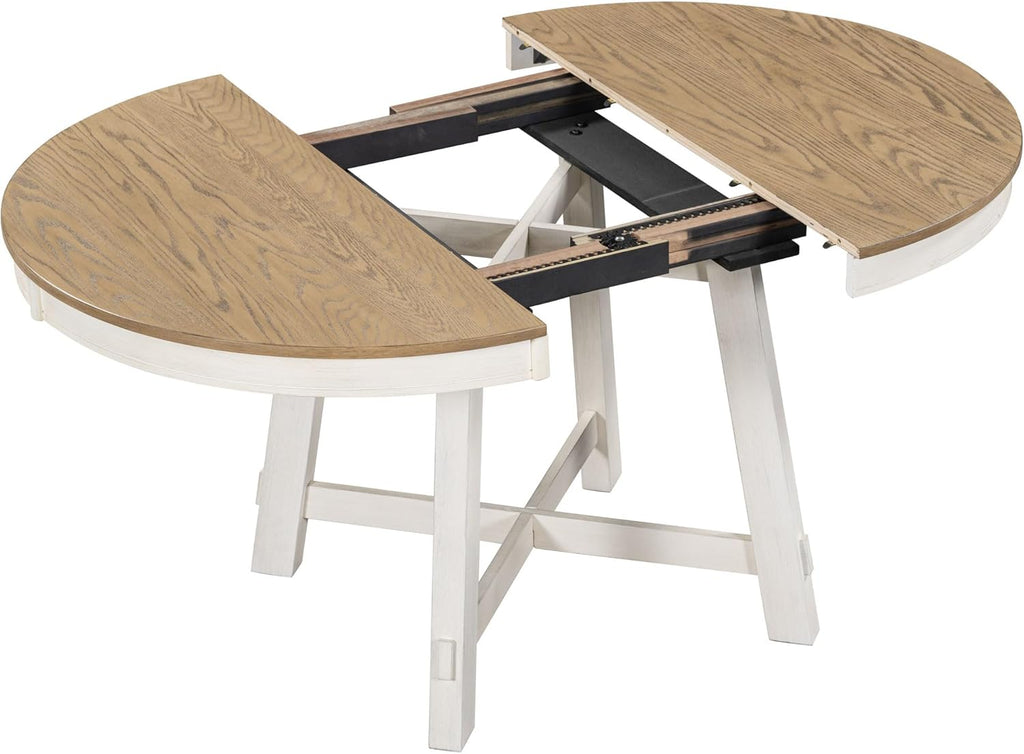 42"-58" Farmhouse Extendable Dining Table for 4-6, Solid Wood Round Dining Table with 16" Leaf & X-Shaped Base