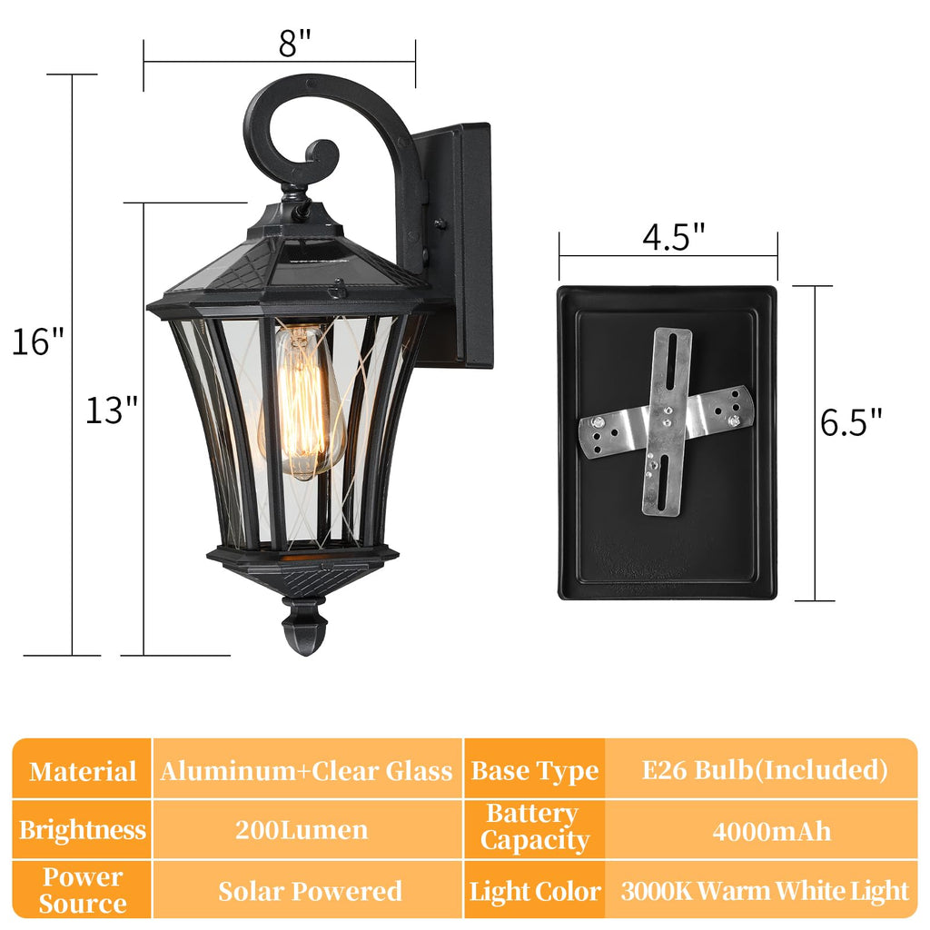 16" Solar Wall Lights, Dusk to Dawn Solar Porch Light, Black, 1 Pack
