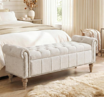 58.5" Long Storage Bench with Rolled Arms & Button Tufted Seat, Upholstered End of Bed Bedroom Benches with Nailhead