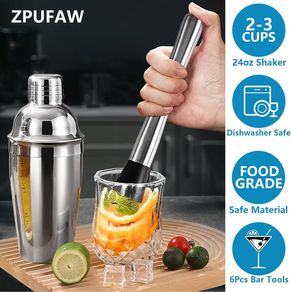 6-Piece Cocktail Shaker Set 24oz Shaker Strainer Muddler Jigger Mixing Spoon Pour Spout Bartender Kit Stainless Steel