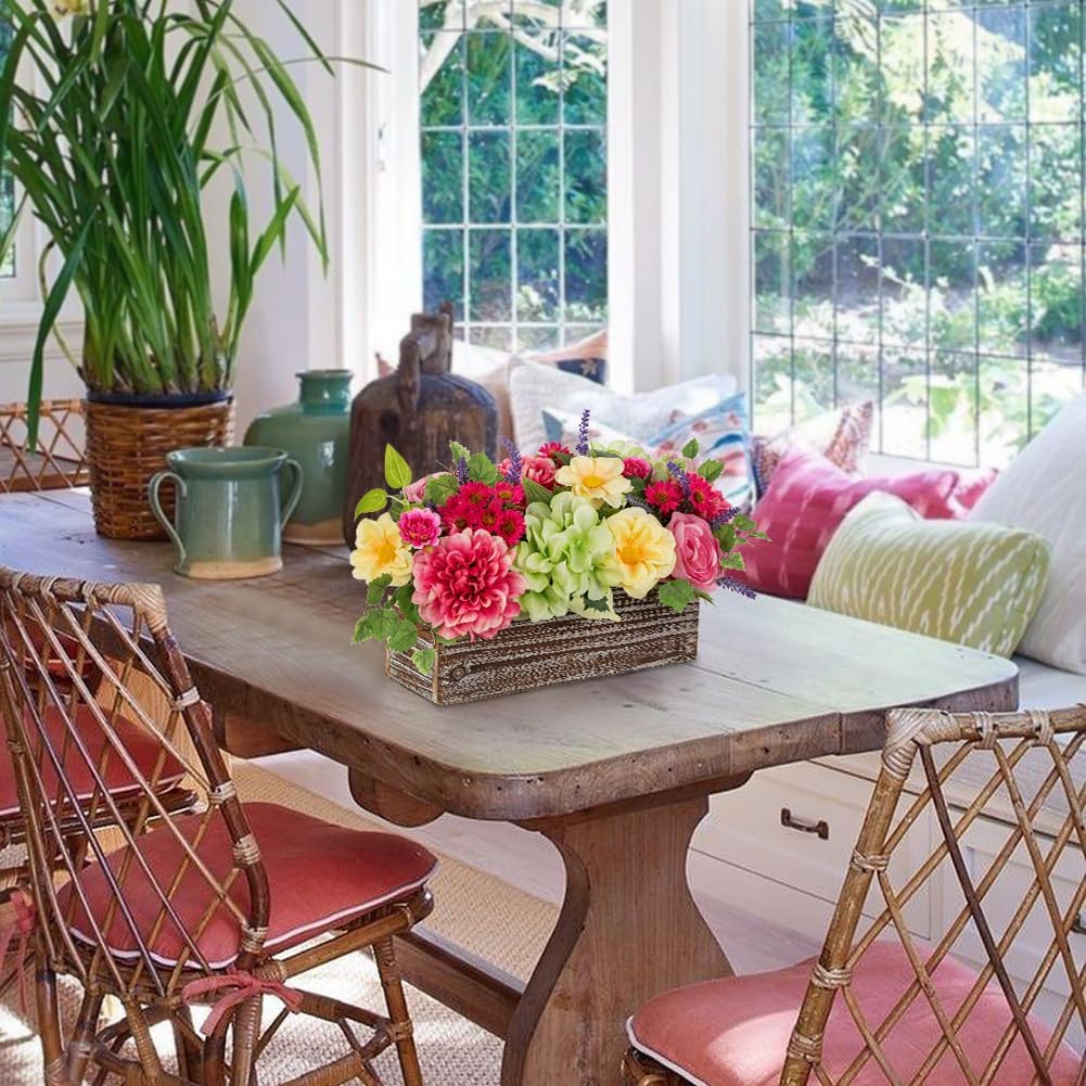 Spring Faux Floral Table Centerpiece with Rustic Wooden Planter Box, Artificial Flower Arrangement with Silk Dahlias