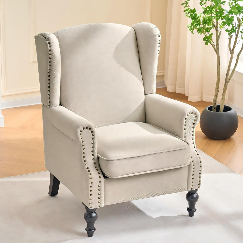 High Back Accent Chair, Upholstered Wingback Arm Chair with Vintage Wood Legs, Comfy Single Sofa Armchair Modern Side