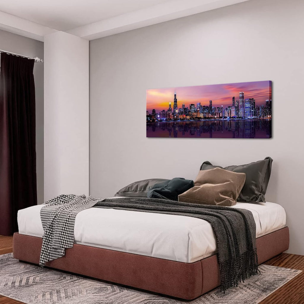 Large Chicago Canvas Modern City Skyline Wall Art Downtown Night Picture Prints Ready To Hang 20"X48"