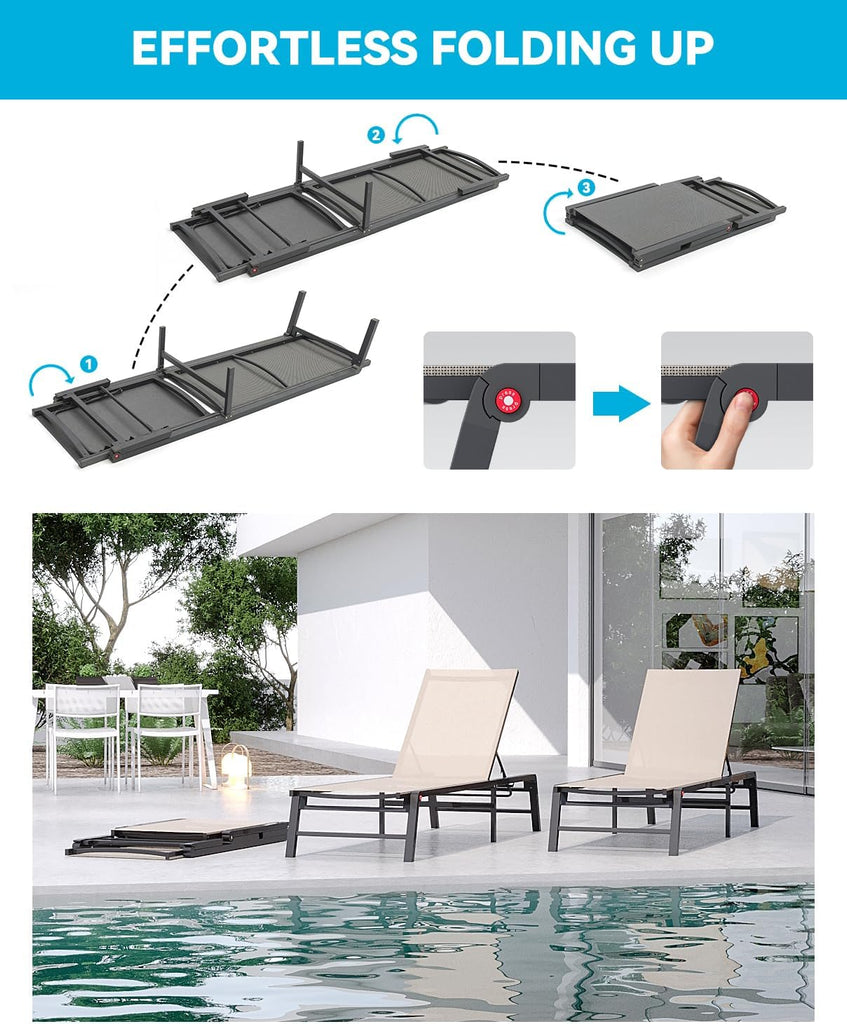 Aluminum Chaise Lounge Chair Outdoor, Foldable Patio Lounge Chair 2 Sets Assemble-Free, Pool Lounge Chairs with 5