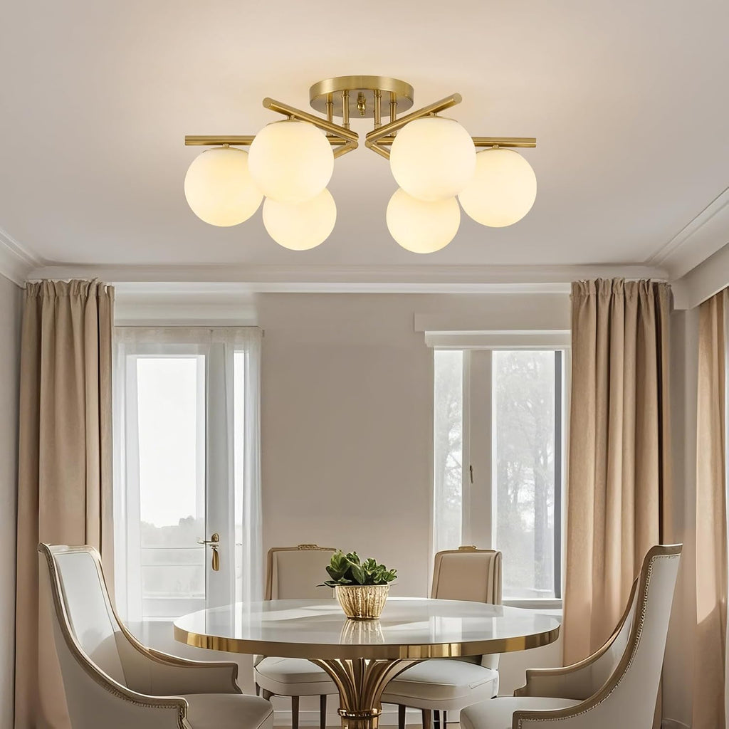 6 Lights Sputnik Ceiling Light Fixture,Semi Flush Mount Ceiling Light Sputnik with Milk Glass Globe, Brushed Brass