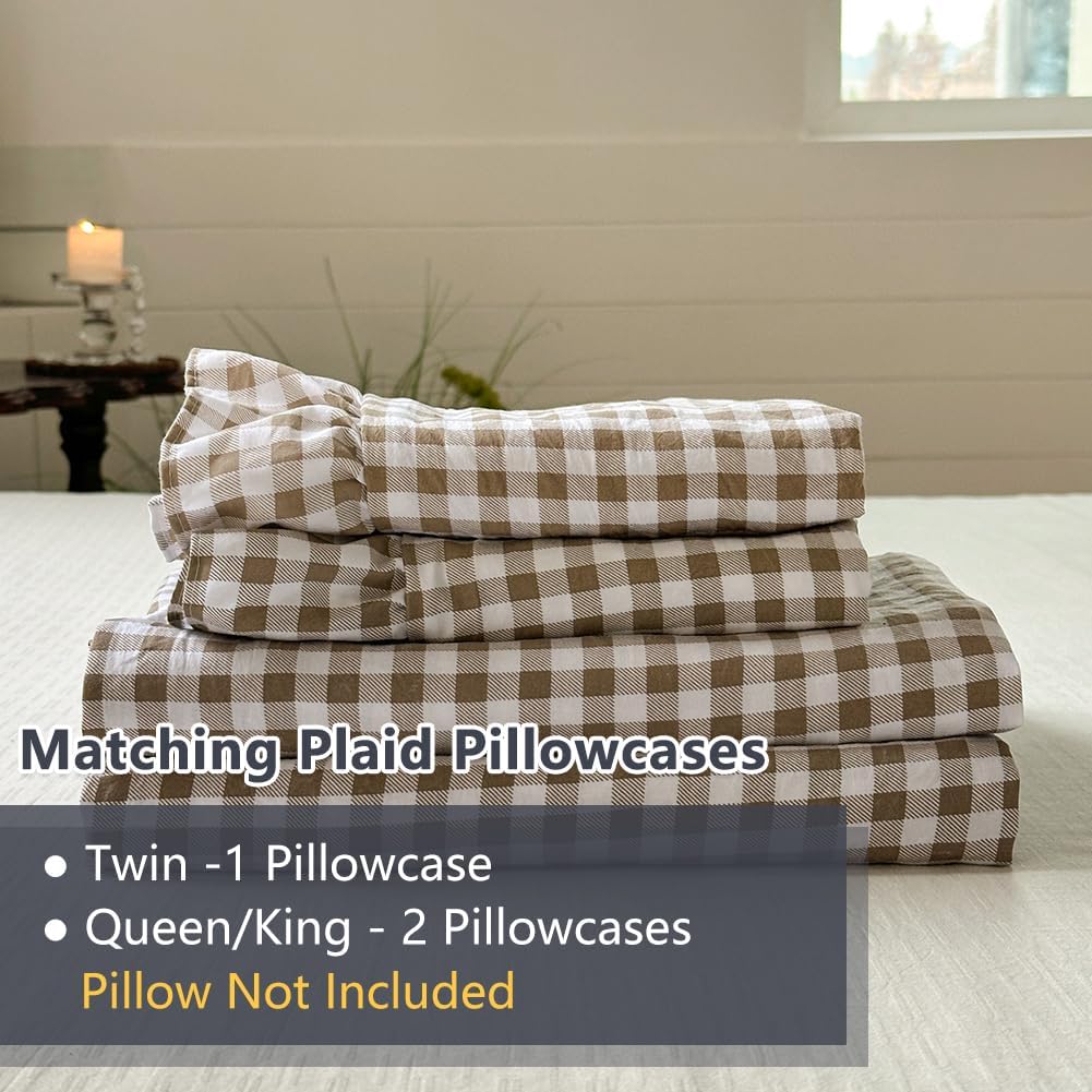 Tan Gingham Ruffle Sheet Set, Taupe Soft Pre-Washed Microfiber Plaid Bed Sheets, 4-Pieces Farmhouse Sheet