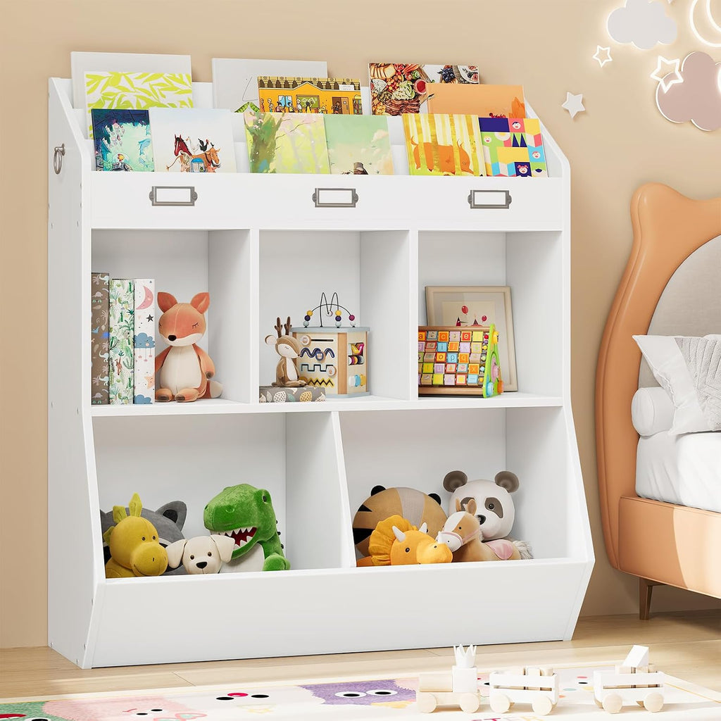 Kids Bookshelf and Toy Storage Organizer, 3 Tier Toddler Bookshelf and 5 Toy Storage Cubbies, Bookshelf for Kids