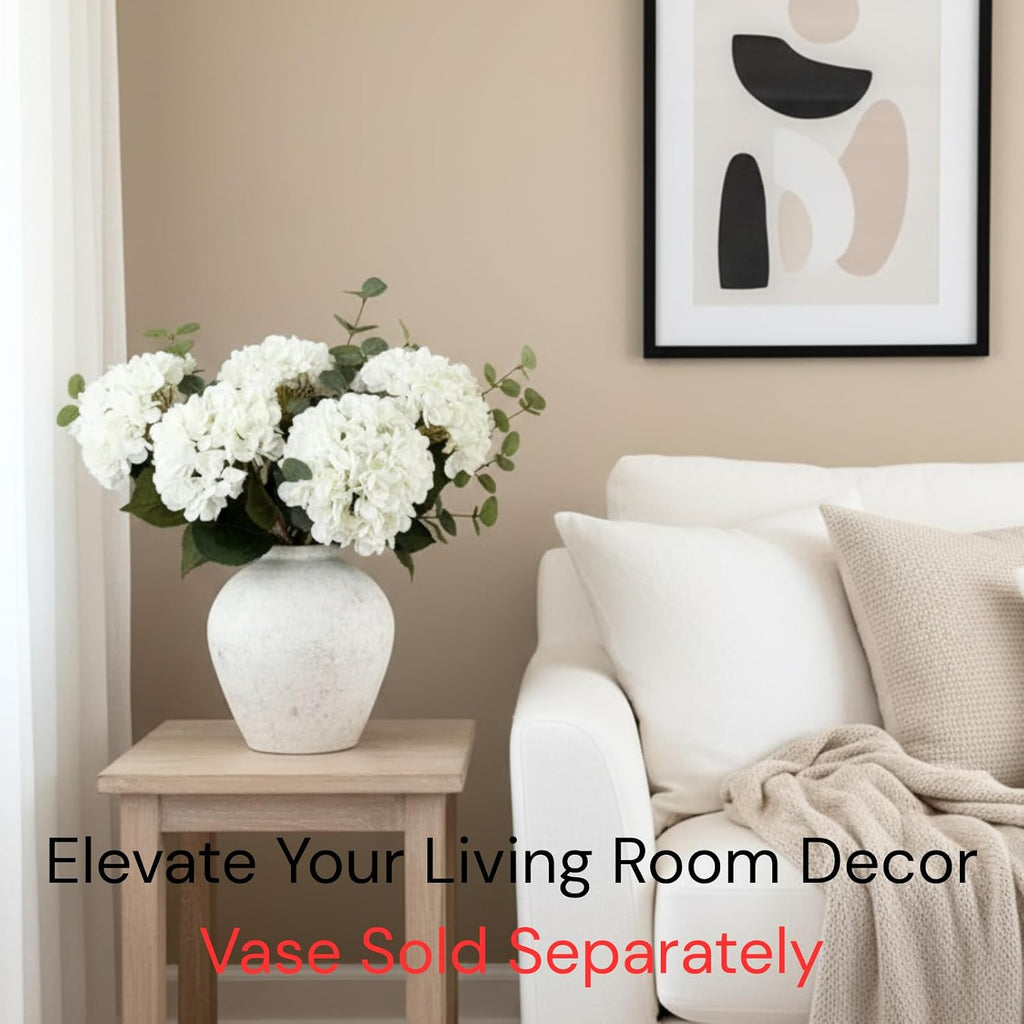Real Touch White Faux Hydrangea And Eucalyptus Arrangement, Faux Floral Arrangements, Hyper Realistic Artificial