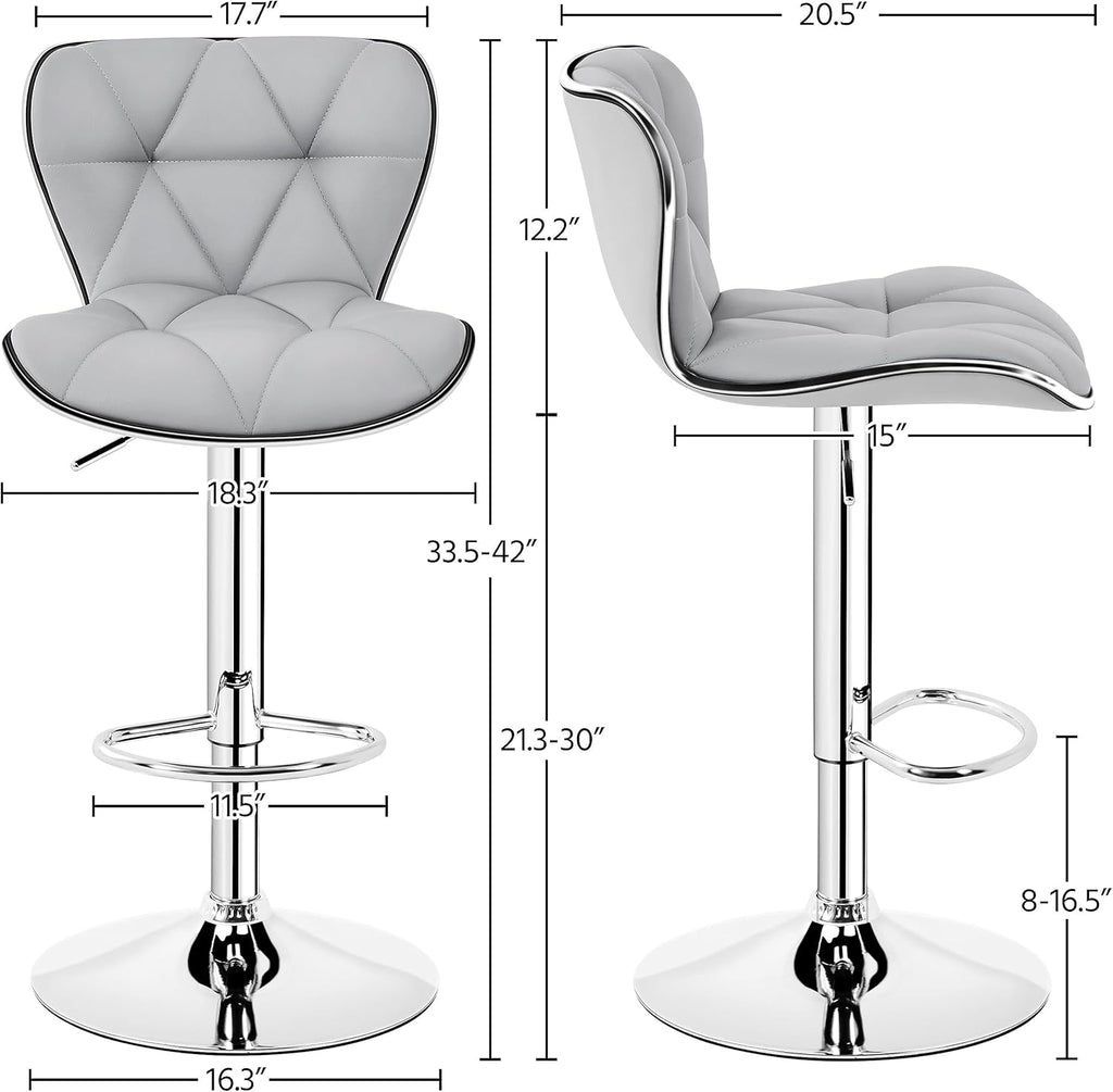 Bar Stools Set of 2, PU Leather Swivel Adjustable Barstools with Shell Back, Bar Chairs with Foma Padded, Light Grey