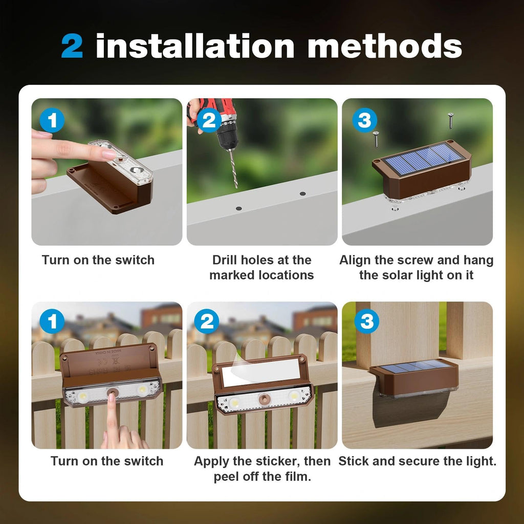 12 Pack Solar Fence Lights Outdoor, Deck Light Solar Powered, IP65 Waterproof Led Riling Solar Lights Brown Frame for