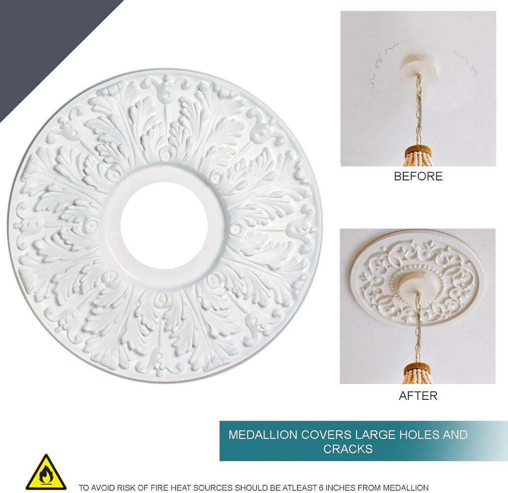 Medallion for Ceiling Light, 15-1/2-Inch Victorian Molded Plastic Ceiling Medallion in Traditional White Finish for