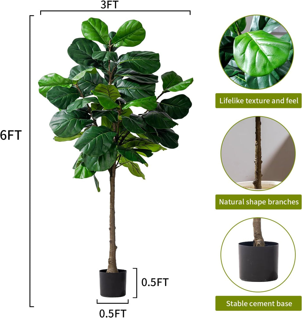 Fiddle Leaf Tree-6ft Faux Plant Fake Ficus Lyrata Tree Artificial Fig Silk Trees with Pot Floor Plants Living Room