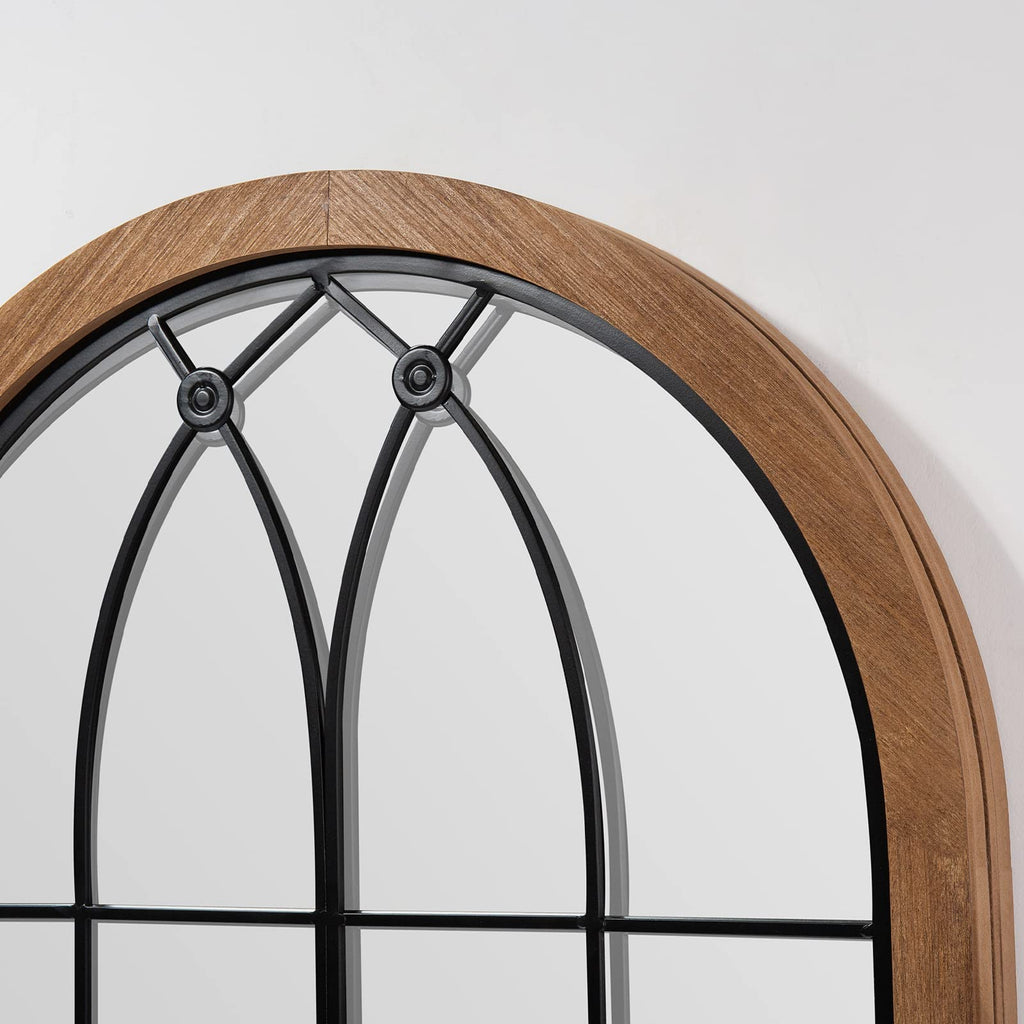 Arched Window Pane Mirror 36x24 Inch Wood Frame, Window Brown