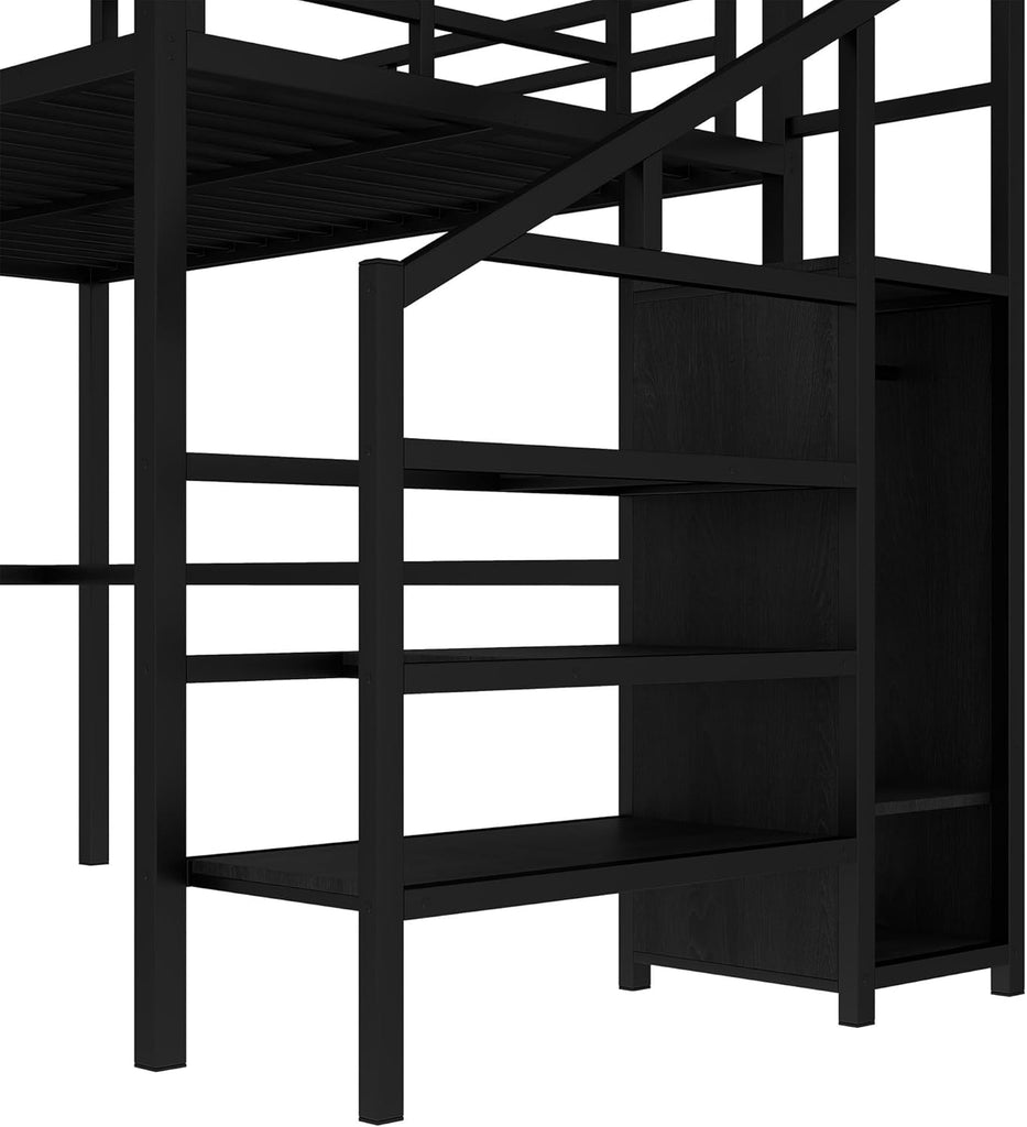 Metal Full Loft Bed with Desk and Wardrobe,Heavy Duty Loft Bed Frame with Storage Stairs,LED Lights and Charging