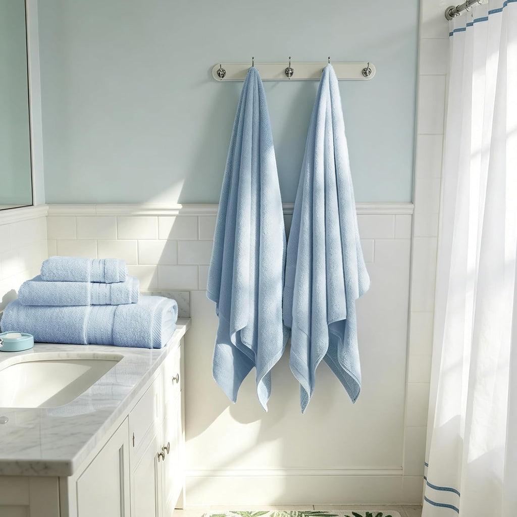 Luxury Bath Towels 4 PCS, 27x54 650 GSM Turkish Cotton, Light Blue | Zero Twist 100% Ring Spun Cotton, Fluffy, Ultra