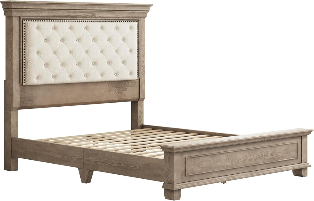 Solid Pine Wood Queen Bed Frame with 69" High Upholstered Headboard, Transitional Style Platform Bed, No Box Spring