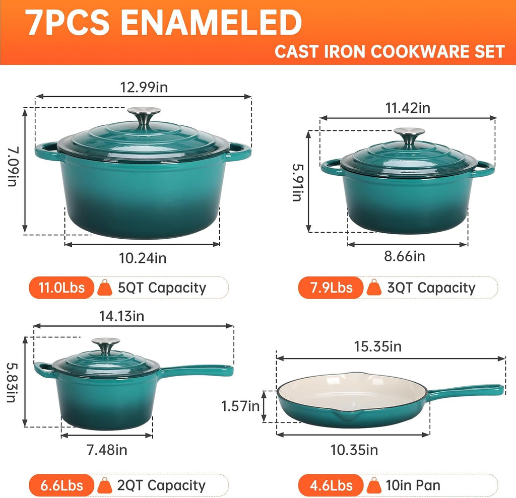 Enameled Cast Iron Cookware Set, 7Pcs Cast Iron Pots and Pans Set | Gas/Induction Dutch Oven Set, 7 Piece Set of