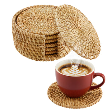 Handwoven Rattan Coasters Set of 6 for Drinks, Boho Wood Cup Coasters with Holder for Coffee Table Decor, Vintage
