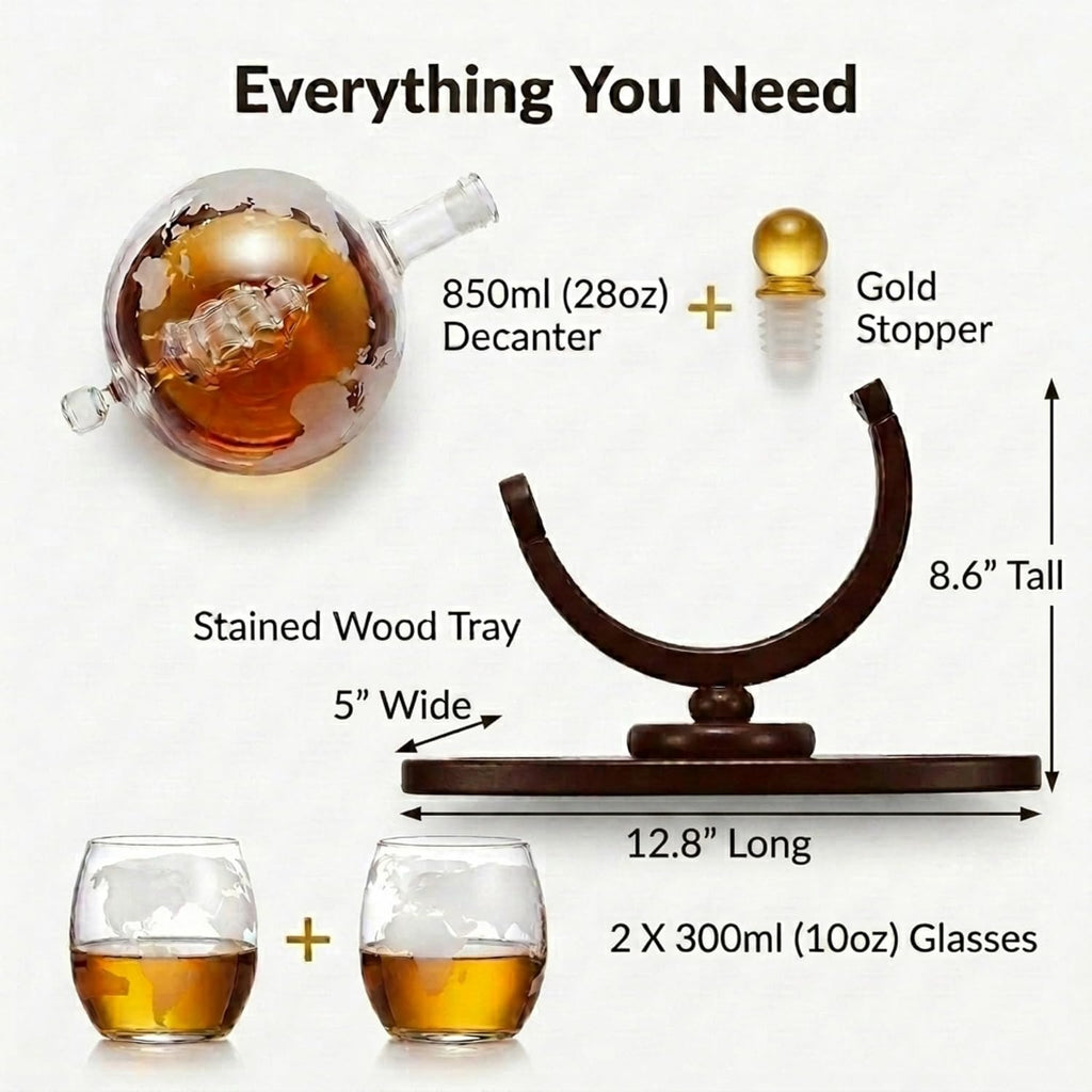 Gifts for Men, Whiskey Decanter Globe Set with 2 Etched Whiskey Glasses - for Liquor Scotch Bourbon Vodka, Gifts For