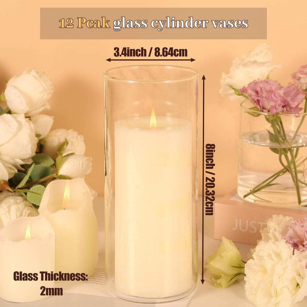 12pcs 8 Inch Clear Glass Cylinder Vases for Centerpieces