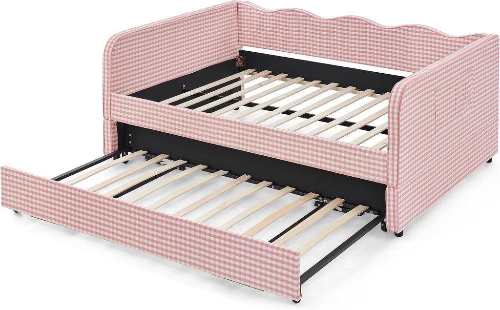 Full Size Gingham Day Bed with Trundle and Storage Pockets | Upholstered Daybed Living Room Guest Room-Pink