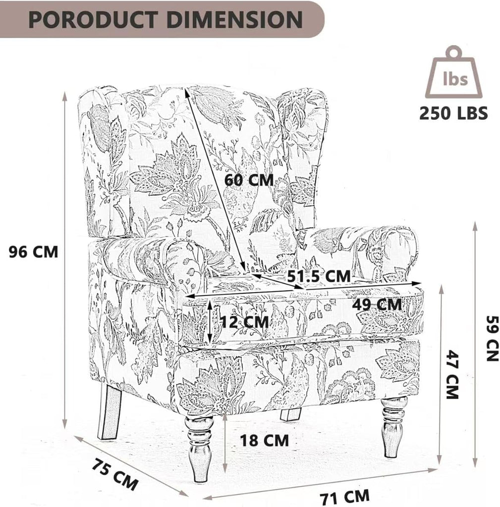 Modern Wingback Accent Chair with Solid Wood Legs and Cushion, Comfy Upholstered Floral Pattern Armchair, Retro
