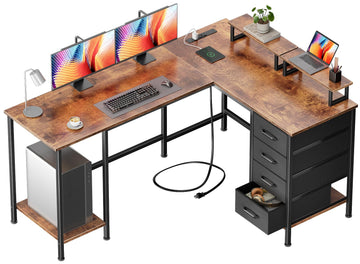 59 inch L Shaped Computer Desk with Power Outlets, Rustic Brown