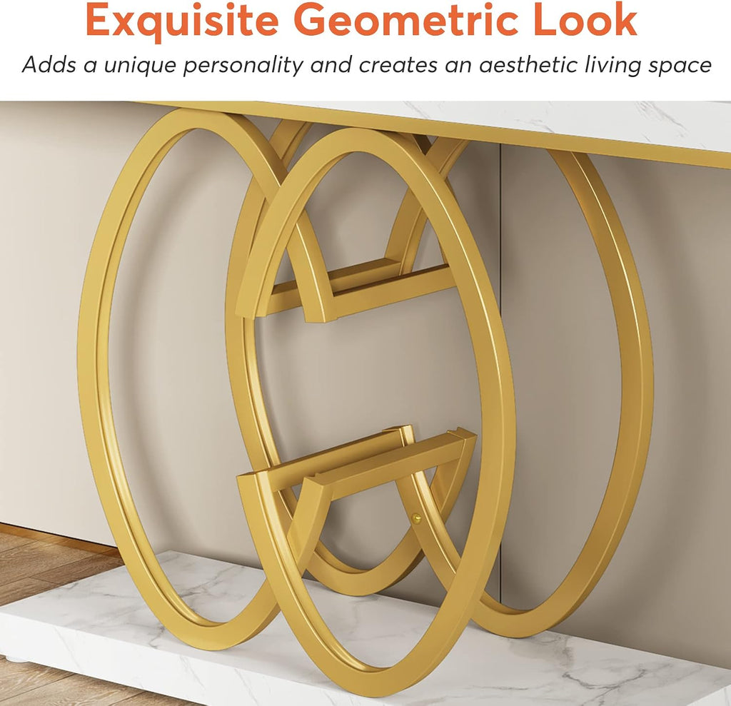 55 Inch Console Table , Faux Marble Gold Entryway Table with Geometric Metal Base, Modern Narrow Sofa Accent Table