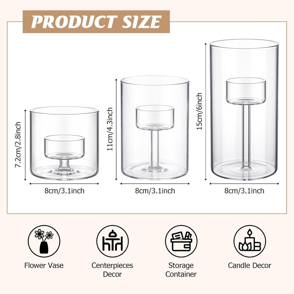 3 Set Hurricane Glass Candle Holders Pillar Votive Hand Blown Clear Cylinder Vase Modern Rustic Table Centerpieces
