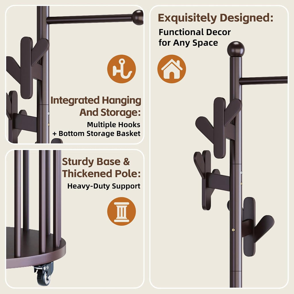 Freestanding Wooden Coat Rack with Umbrella Holder,Dark Walnut Coat Rack with Hooks, Space-Saving Entryway Organizer