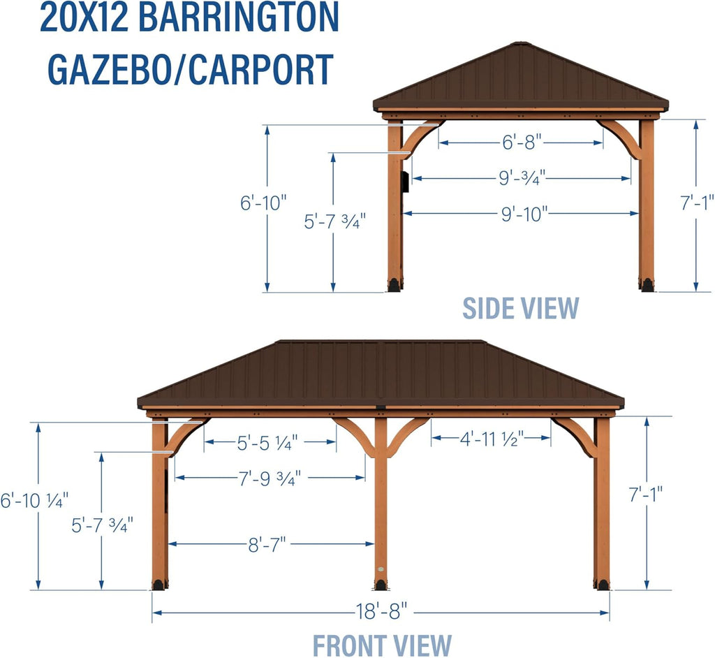 20' x 12' Cedar Wood Outdoor Gazebo Pavilion with Hardtop Galvanized Steel Hip Roof, Snow Support
