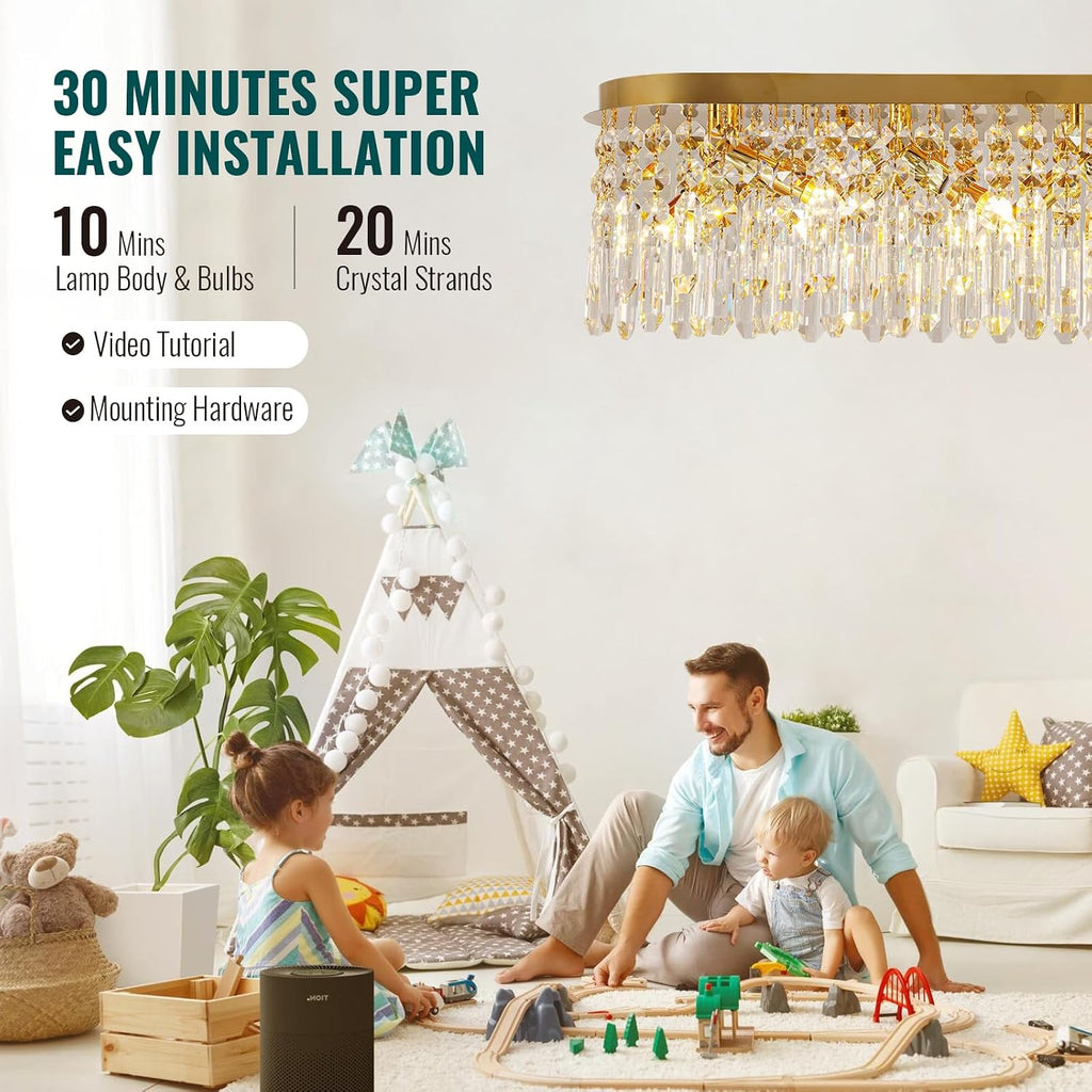 12-Light Modern Gold Crystal Raindrop Chandelier for Dining Room, Luxury Oval Flush Mount Crystal Pendant Ceiling