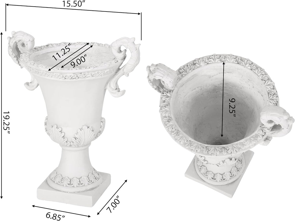 Jorine Patio Planter, Light Concrete Planter, Mid-Centry Gadern Urn, Floral Relif Design, Large Garden Pot, Flower