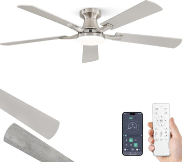 52 Inch Ceiling Fan with Light, App&Remote Control, Flush Mount Low Profile, Dimmable 20W LED Light, Quiet Reversible Motor for Bedroom, Living Room, Apartment, Nickel