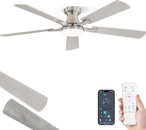 52 Inch Ceiling Fan with Light, App&Remote Control, Flush Mount Low Profile, Dimmable 20W LED Light, Quiet Reversible Motor for Bedroom, Living Room, Apartment, Nickel A101-B0DPHBW77W