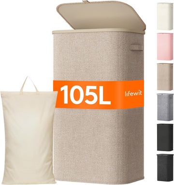 105L Large Laundry Basket with Lid, Laundry Hamper with Plastic Handles and Removable Bag, Foldable Tall Dirty