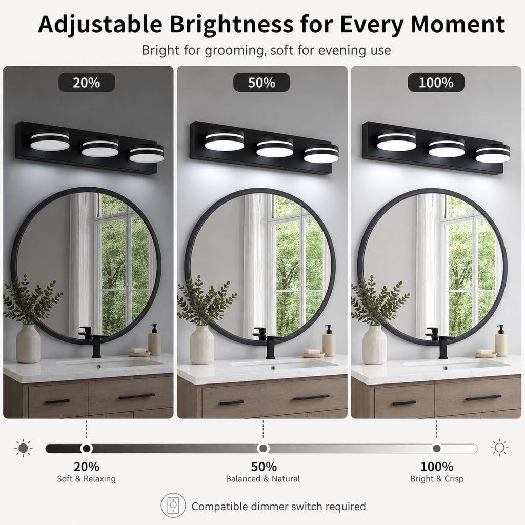 3-Light Bathroom Vanity Light Over Mirror, (24inch Dimmable) Matte Black LED Vanity Lighting Fixtures, Modern