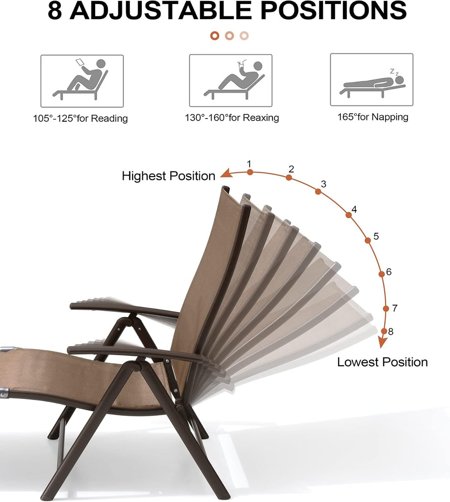 Lounge Chair Outdoor, Folding Pool Chaise Chairs Set of 2 (Brown) | Rust-Resistant Aluminum Frame, 8-Position