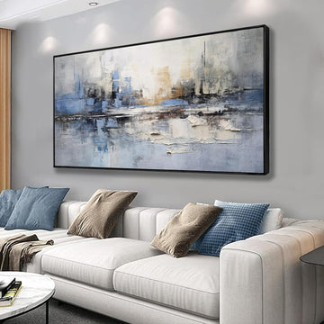 Abstract Wall Art Blue and White Reflection Framed Artwork Wall Decor Canvas Painting Stretched Canvas