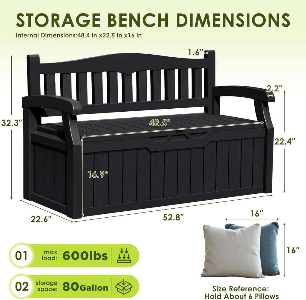 80 Gallon Outdoor Storage Bench, Deck Box, Dark Black | Weather-Resistant Patio Furniture Bench for Backyard, Garden